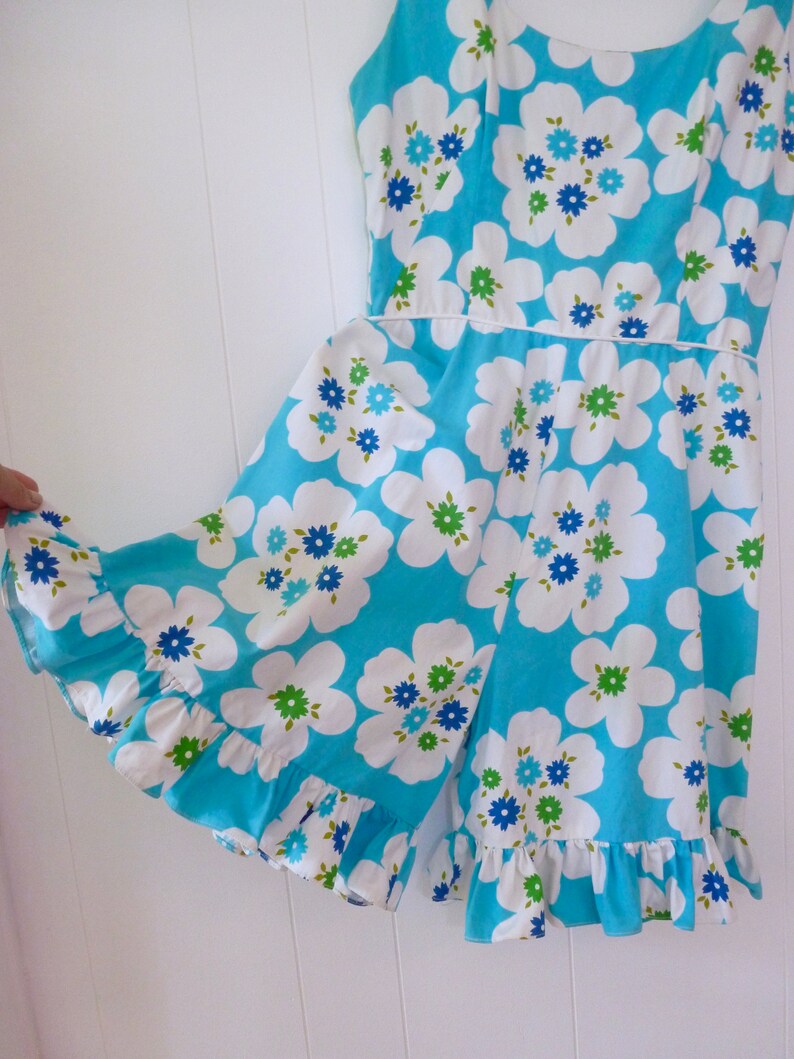 60/'s Hawaiian Romper Aqua Flower Power Cotton Shorts Playsuit Jumpsuit Sunsuit One Piece Culottes Princess Kaiulani S