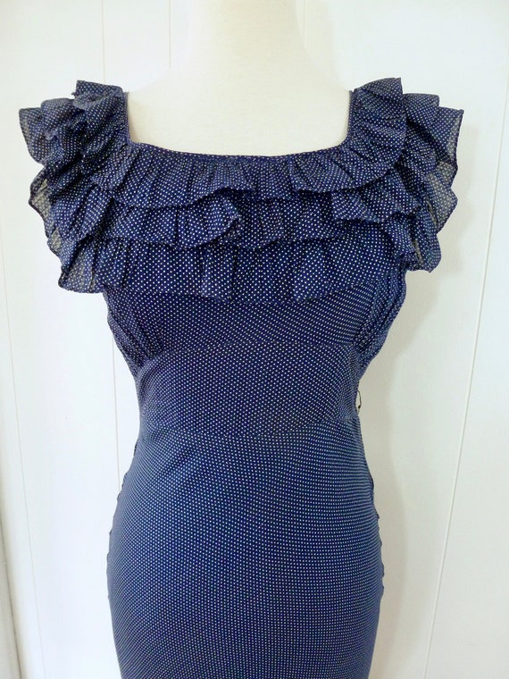 30's Chacha Ruffle Dress Art Deco Navy White Polk… - image 1