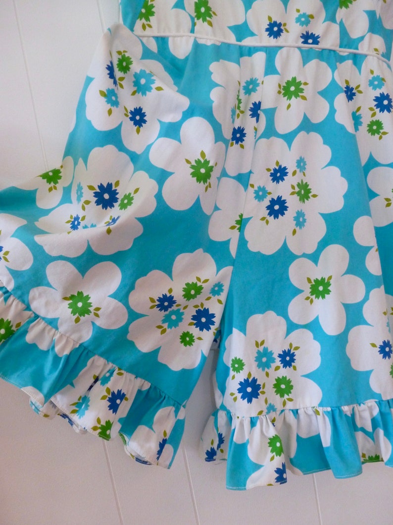60/'s Hawaiian Romper Aqua Flower Power Cotton Shorts Playsuit Jumpsuit Sunsuit One Piece Culottes Princess Kaiulani S