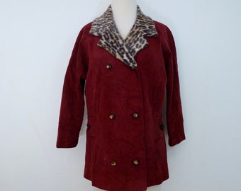 60's Berry Suede Jacket with Faux Leopard Fur Collar Coat Mod Pockets Peacoat Made in Madrid Spain M