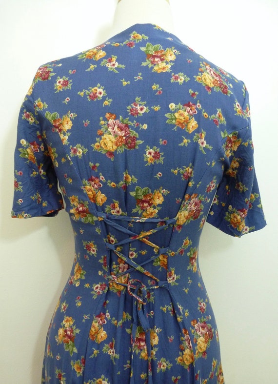 90's Floral Rayon Maxi Dress Corset Lace Up Roman… - image 3