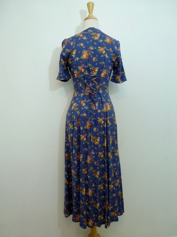 90's Floral Rayon Maxi Dress Corset Lace Up Roman… - image 8