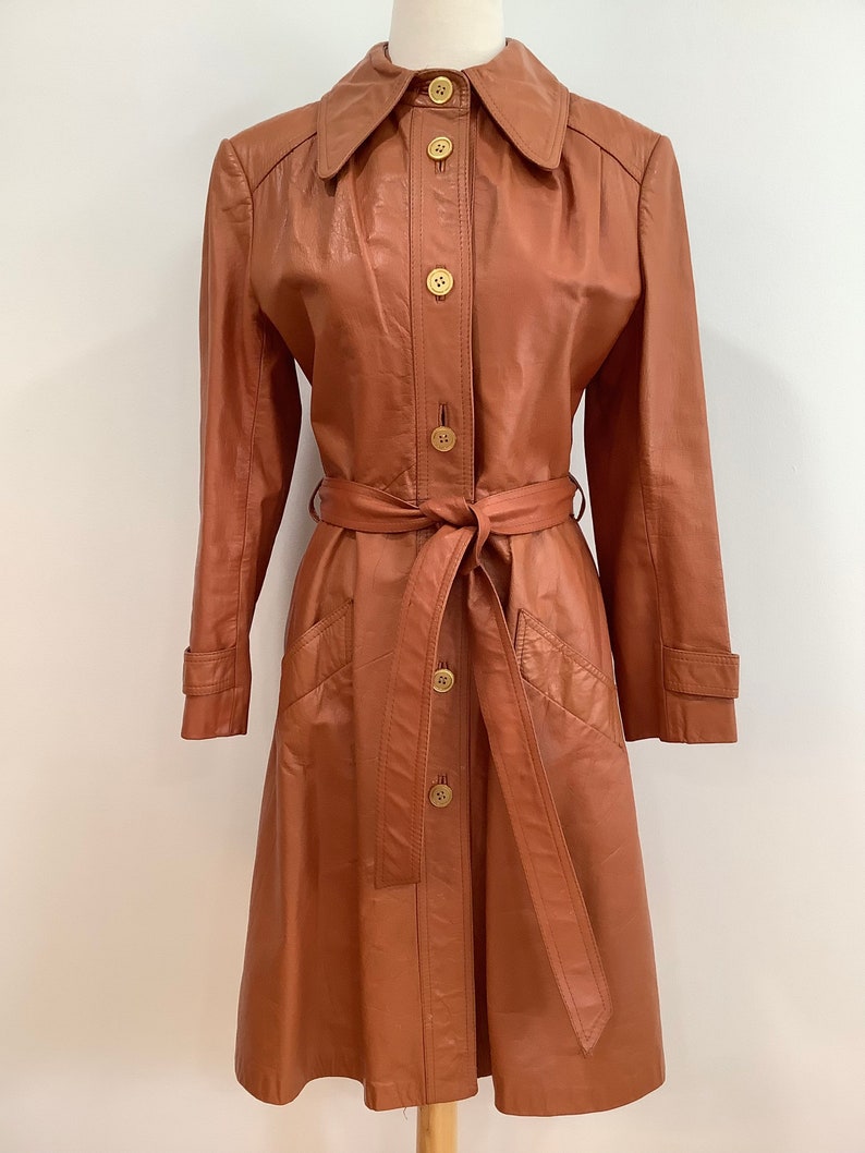 70s Women's Lined Leather Jacket Belted Pockets Button Front Cinnamon Burnt Sienna Mod Coat S image 2