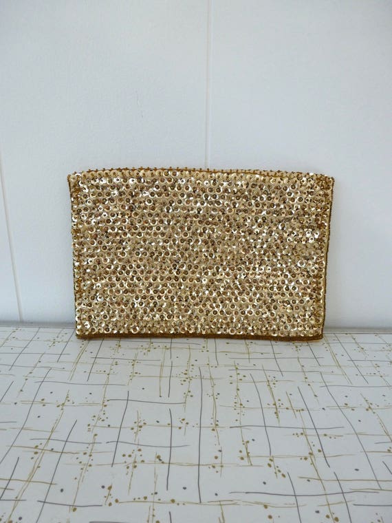 50's Gold Sequin Clutch Purse Lingerie Bag Beaded… - image 1