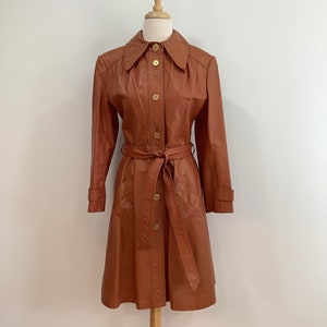 70s Women's Lined Leather Jacket Belted Pockets Button Front Cinnamon Burnt Sienna Mod Coat S image 4