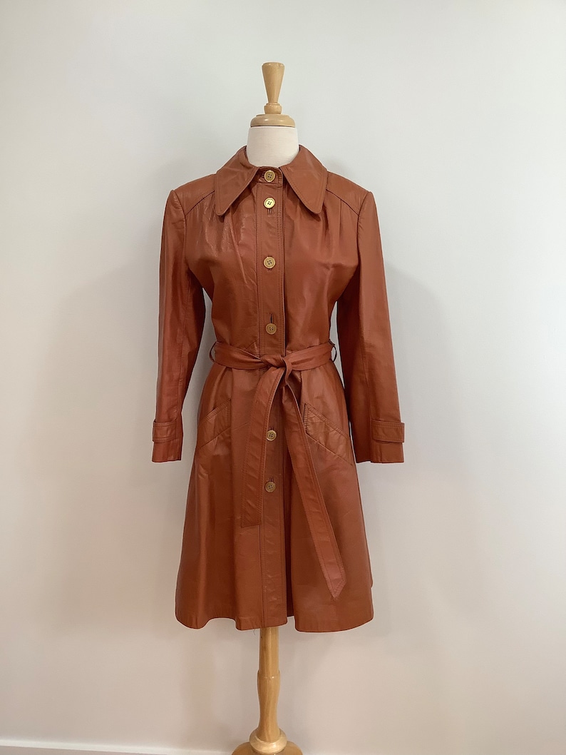 70s Women's Lined Leather Jacket Belted Pockets Button Front Cinnamon Burnt Sienna Mod Coat S image 4