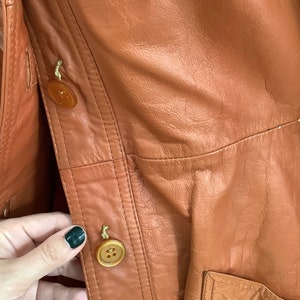 70s Women's Lined Leather Jacket Belted Pockets Button Front Cinnamon Burnt Sienna Mod Coat S image 9