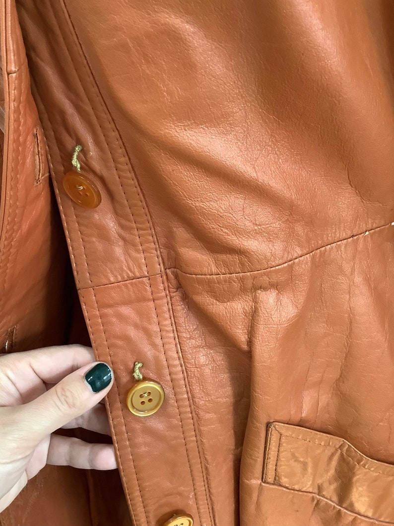 70s Women's Lined Leather Jacket Belted Pockets Button Front Cinnamon Burnt Sienna Mod Coat S image 9