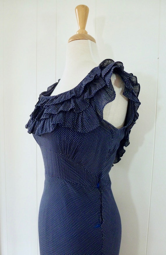 30's Chacha Ruffle Dress Art Deco Navy White Polk… - image 5