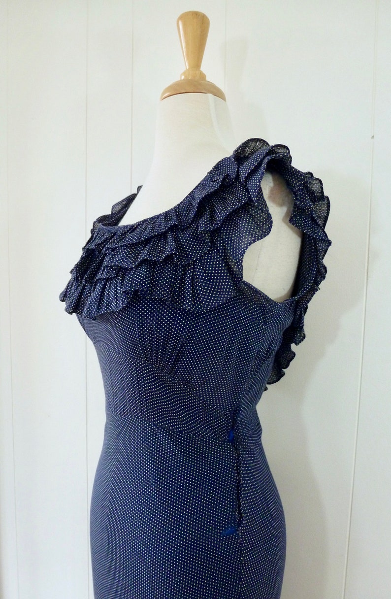 30's Chacha Ruffle Dress Art Deco Navy White Polka Dot Full Length Bias Cut Gown Dress and Slip Two Piece XS S image 5