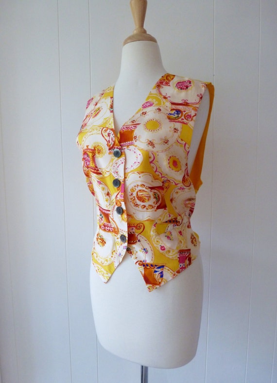 90's The Limited Vest Silk Tea Cup Novelty Print N
