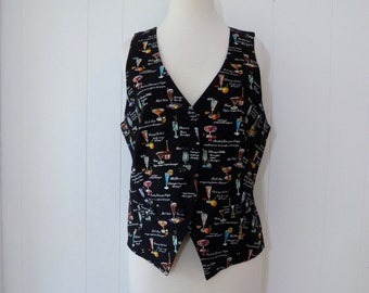 90's Nicole Miller Champagne Cocktails Novelty Print Vest Black Silk 1995 L