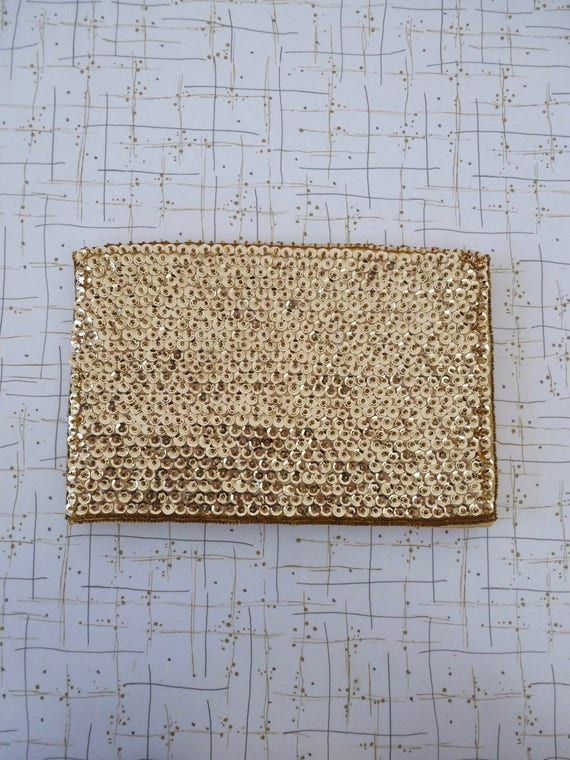 50's Gold Sequin Clutch Purse Lingerie Bag Beaded… - image 2