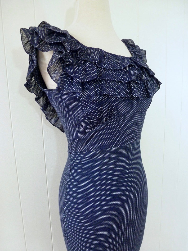 30's Chacha Ruffle Dress Art Deco Navy White Polka Dot Full Length Bias Cut Gown Dress and Slip Two Piece XS S image 4