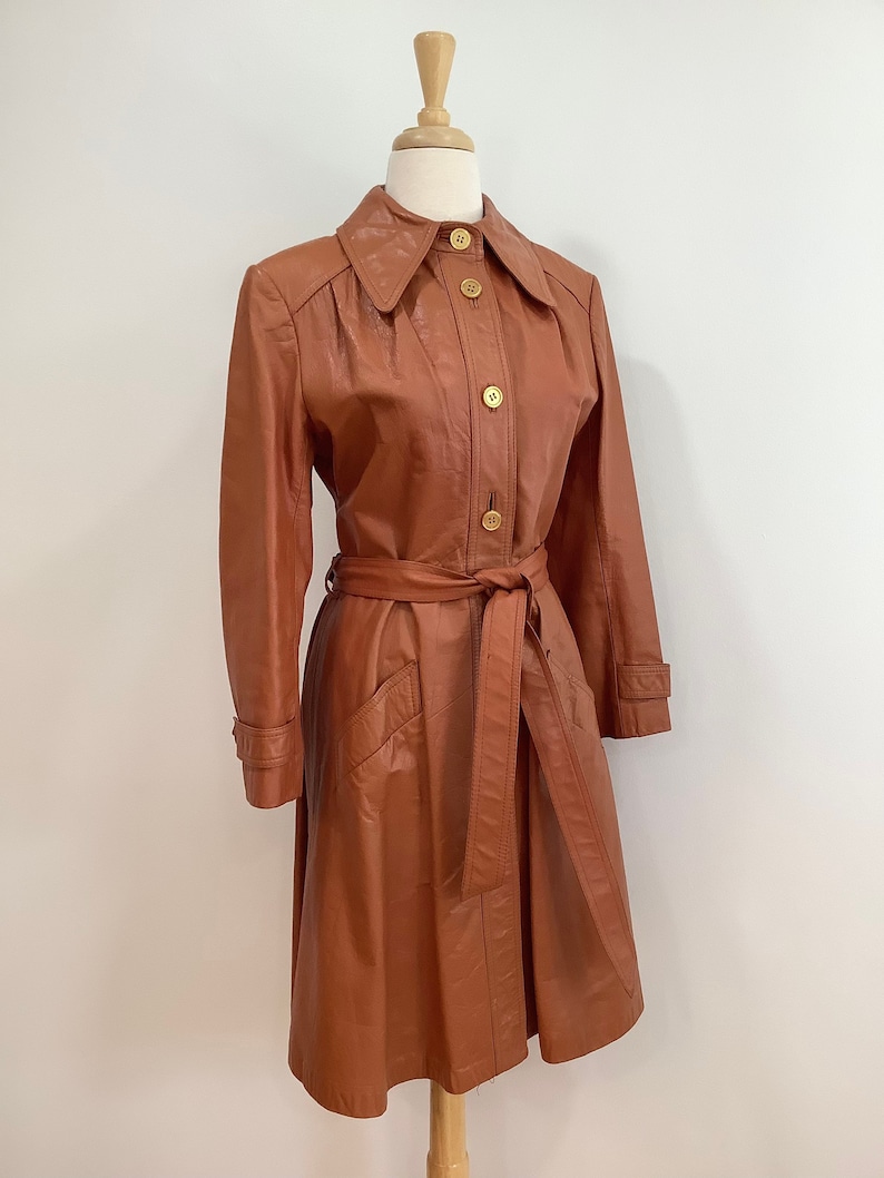 70s Women's Lined Leather Jacket Belted Pockets Button Front Cinnamon Burnt Sienna Mod Coat S image 1