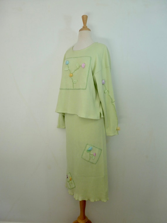 90s 3D Rose Designer Top and Skirt Slouchy Stretc… - image 1