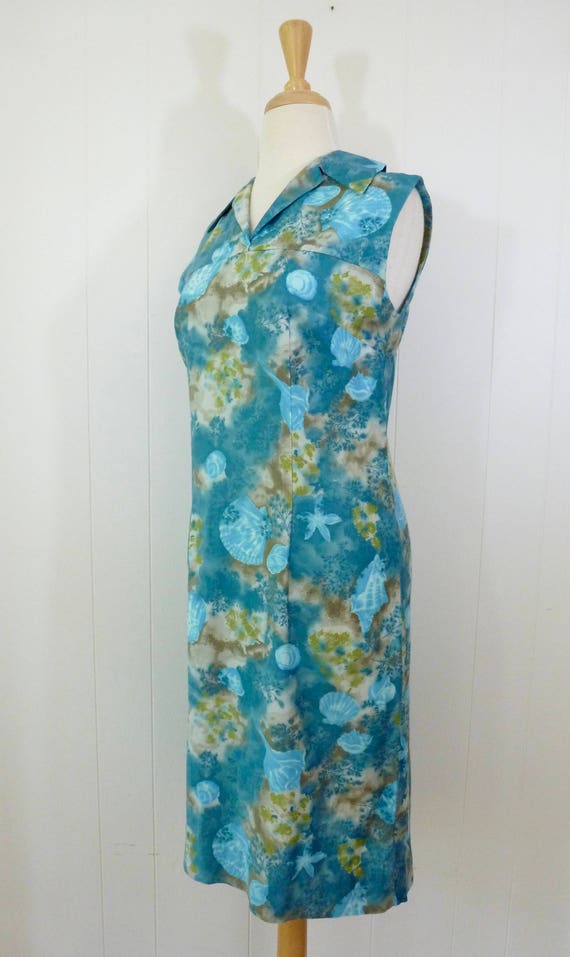 60's Ocean Shift Dress Cotton Novelty Print Sleeve