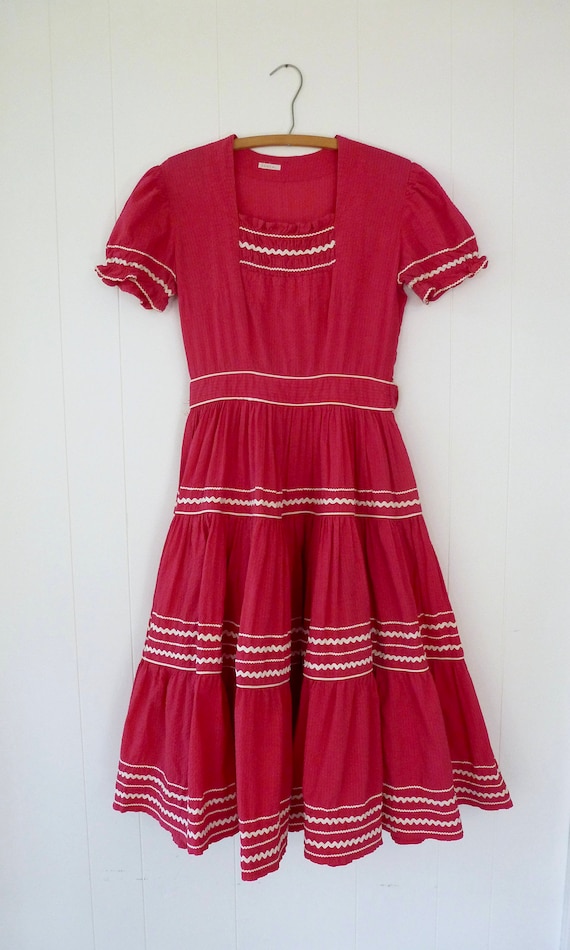 40's Puff Sleeve Dress Full Circle Skirt Seersucke