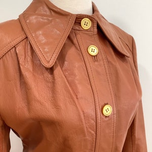 70s Women's Lined Leather Jacket Belted Pockets Button Front Cinnamon Burnt Sienna Mod Coat S image 3