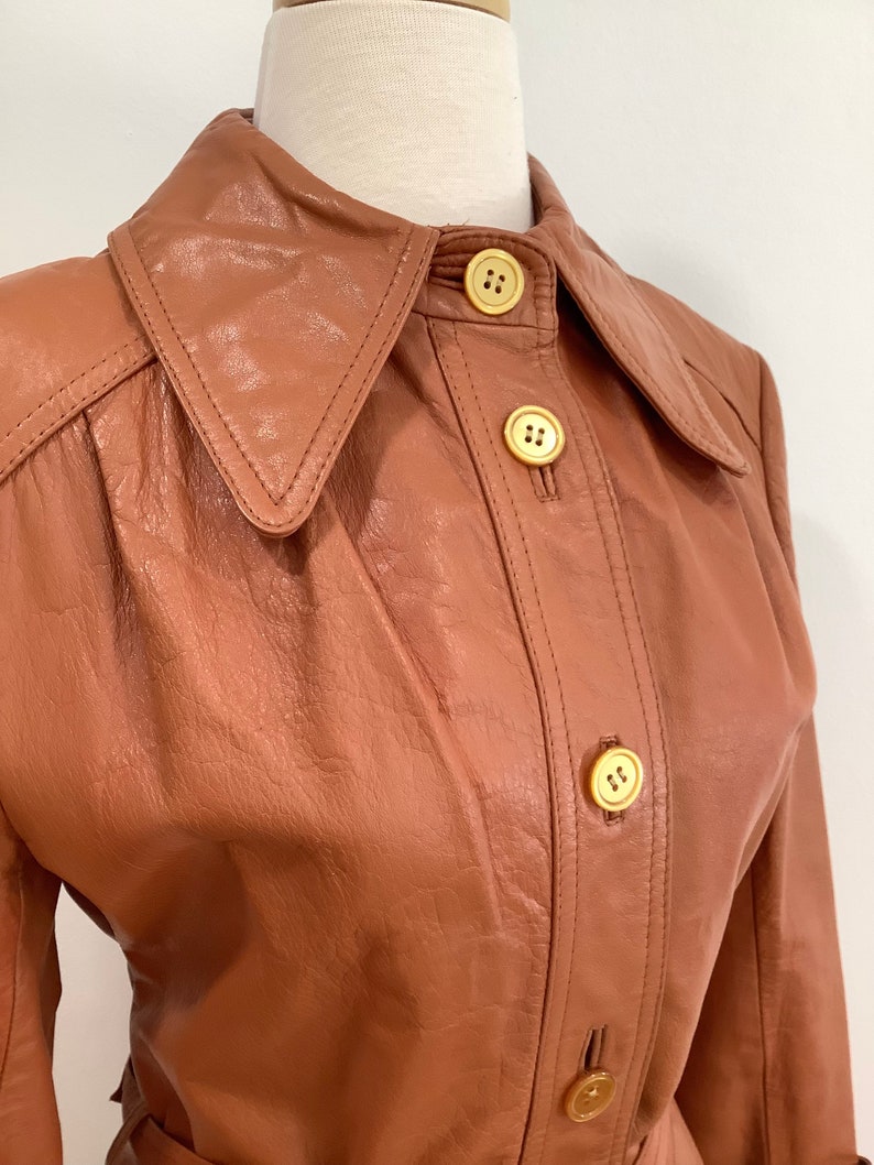 70s Women's Lined Leather Jacket Belted Pockets Button Front Cinnamon Burnt Sienna Mod Coat S image 3