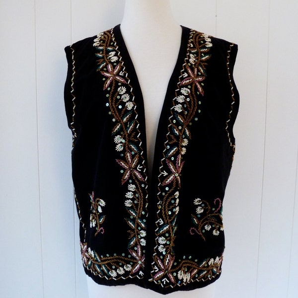 60's Beaded Black Velvet Vest Rich Hippie Lux Ethnic Boho Sequin Top Shirt L XL