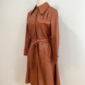 70s Women's Lined Leather Jacket Belted Pockets Button Front Cinnamon Burnt Sienna Mod Coat S image 7