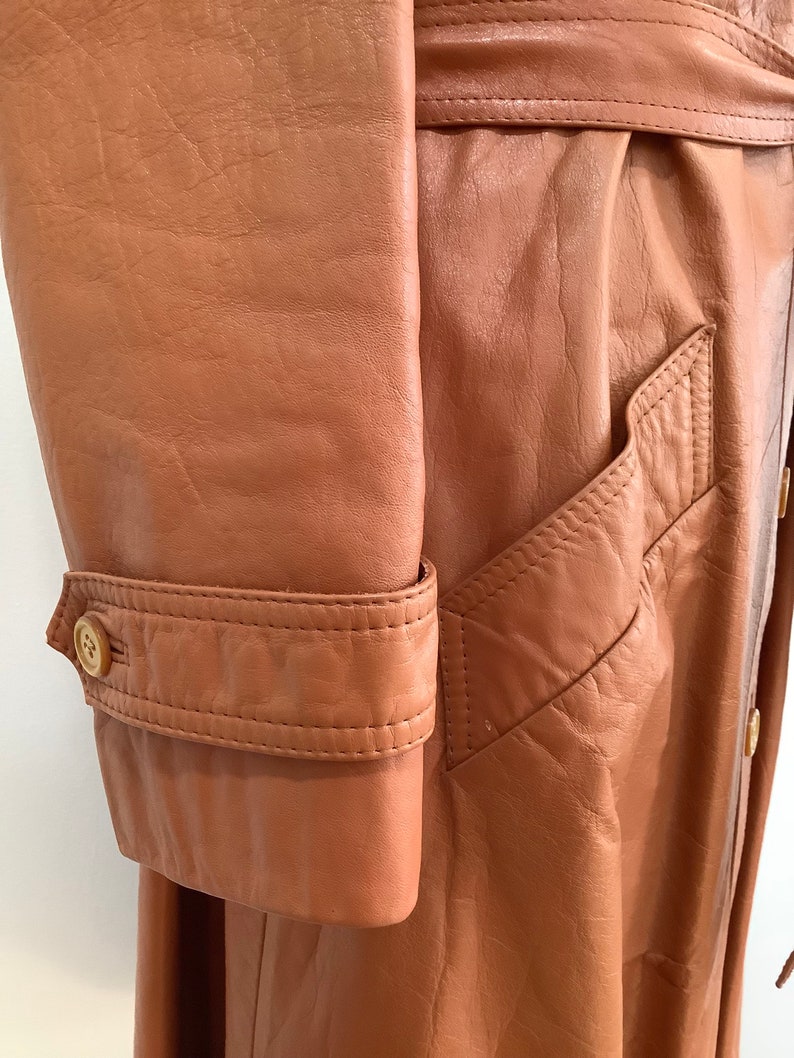 70s Women's Lined Leather Jacket Belted Pockets Button Front Cinnamon Burnt Sienna Mod Coat S image 5