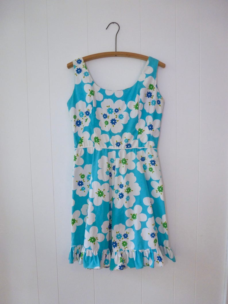 60/'s Hawaiian Romper Aqua Flower Power Cotton Shorts Playsuit Jumpsuit Sunsuit One Piece Culottes Princess Kaiulani S