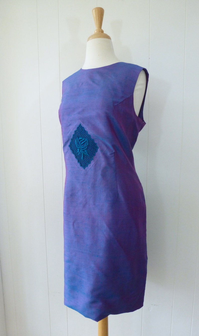 60's Cocktail Dress Plus Size Iridescent Blue Purple Silk Embroidered Shift Sheath Party Dress image 1