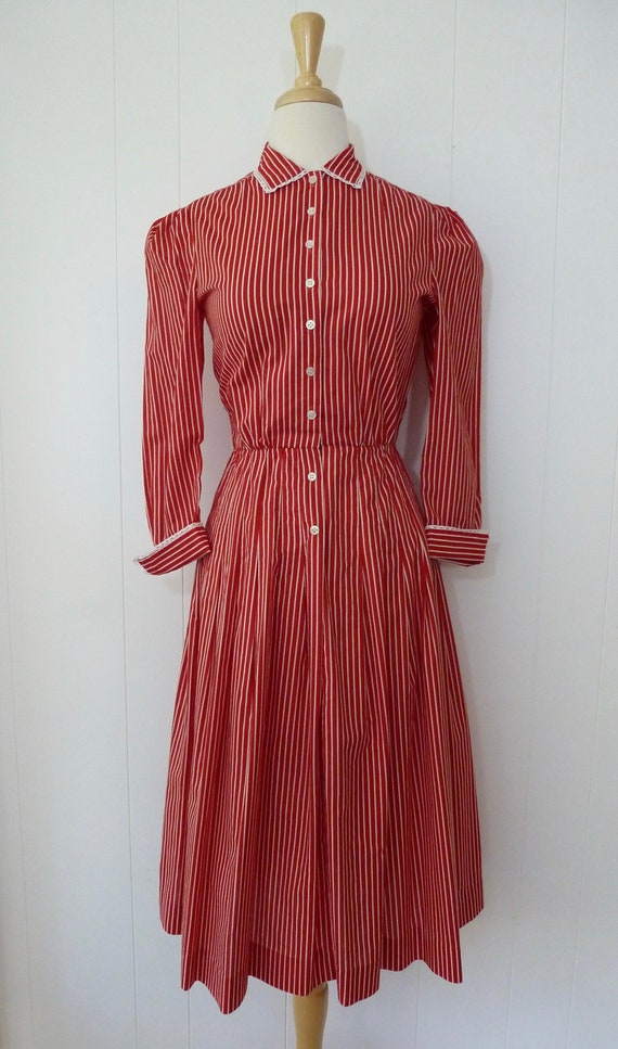 70's Adele Simpson Shirt Dress Designer Red White 