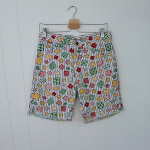 70er Jahre Denim Patchwork Shorts Neuheit Print Streifen Polka Dot Denim hoch taillierte Cut Off Jeans S M