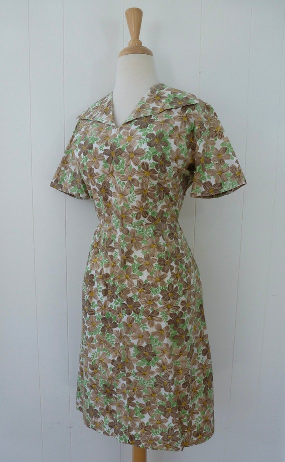 40's Cotton Dress Collared Short Sleeve Brushstrok
