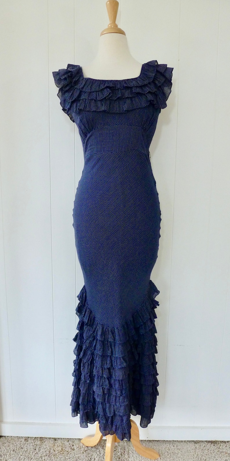 30's Chacha Ruffle Dress Art Deco Navy White Polka Dot Full Length Bias Cut Gown Dress and Slip Two Piece XS S image 2