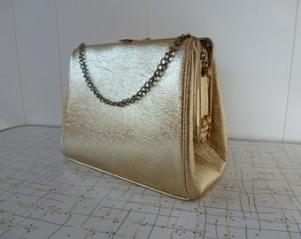 50's Gold Box Purse Metallic Chain Strap Evening Handbag