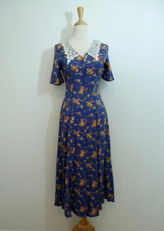 90's Floral Rayon Maxi Dress Corset Lace Up Roman… - image 1