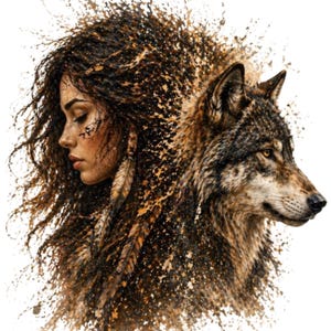May include: Digital art print depicting a woman's profile merging with a wolf's head. The woman has long, curly brown hair with feathers. The wolf is brown and grey, with detailed fur. The artwork has a textured, splattered effect.
