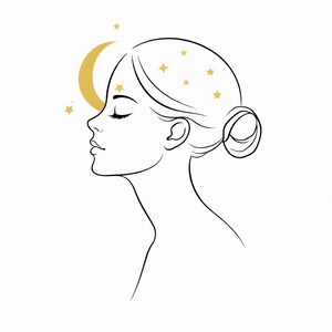 Minimalist Moon Woman Line Art Print, Celestial Profile Stars (Digital Download)