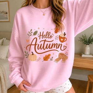 Hello Autumn sweatshirt | fall leaves pumpkin mug illustration