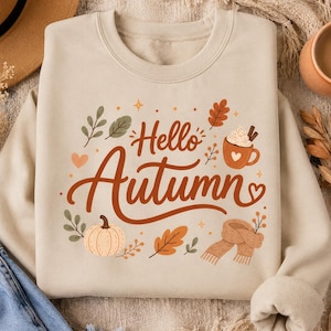 Hello Autumn sweatshirt | fall leaves pumpkin mug illustration