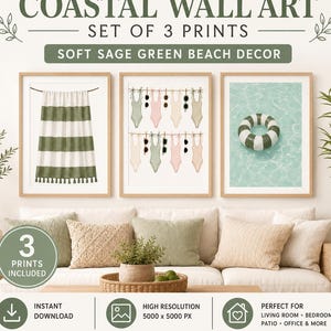 Coastal Wall Art Set of 3 Prints | Beach House Decor | Sage Green Coastal Artwork | Pool Float & Swimsuit Print Set | Digital Download