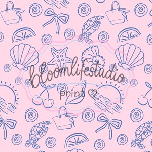 Coastal Coquette Seamless Pattern, Pink Beach Digital Paper, Seashell Turtle Cherry Bow Print, Summer PNG Download
