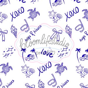 Coastal Coquette Seamless Pattern | Blue Beach Digital Paper | Preppy Summer Turtle Shell Bow Print | PNG Download