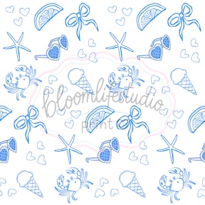 Amalfi Coast Summer Seamless Pattern PNG | Blue Coastal Digital Paper | Italian Beach Pattern | Preppy Lemon Bow | Instant Download