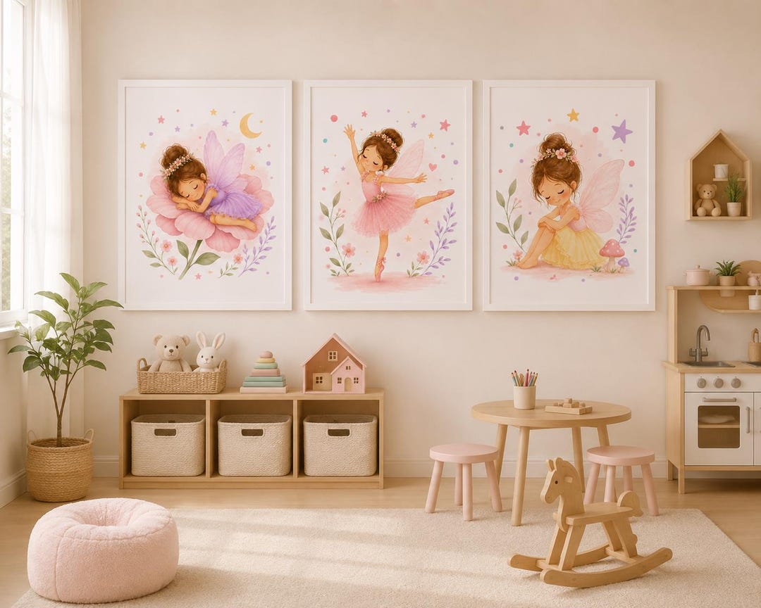 Fairy Wall Art Set of 3 Prints, Pink Fairy Nursery Decor, Ballet Fairy ...