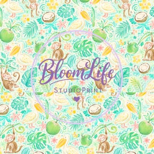 Monkey Pelican Tropical Pattern PNG, Seamless Watercolor Digital Paper, Coconut Jungle Design