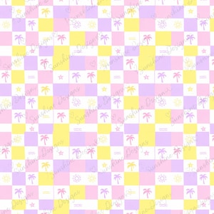 Puede incluir: Un patrón repetitivo de cuadrados rosa pastel, amarillos, lavanda y blancos. Cada cuadrado contiene una palmera, un sol, una estrella, un corazón o un diseño de olas. Las palabras "Sunshine Designs" se repiten.