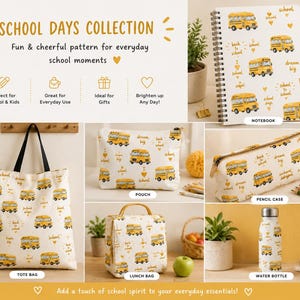 Puede incluir: Una colección School Days que incluye un bolso tote, un estuche, una cartuchera, una bolsa de almuerzo, una botella de agua y un cuaderno de espiral blancos, con un patrón de autobuses escolares amarillos, corazones y el texto back to school y dream big.