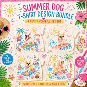 Puede incluir: Un gráfico digital que muestra cuatro camisetas blancas con diseños de perros veraniegos. Cada camiseta presenta un perro en una tabla de surf o monopatín con elementos tropicales. El texto incluye SUMMER DOG T-SHIRT DESIGN BUNDLE.