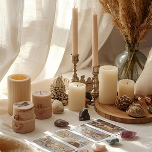 a table with various candles, crystals, tarot cards, and a vase of dried flowers. The candles are arranged in a row, with some placed on the table and others in a vase. The table also has tarot cards and crystals, creating a serene and spiritual atmosphere.