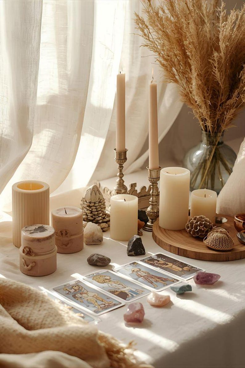 a table with various candles, crystals, tarot cards, and a vase of dried flowers. The candles are arranged in a row, with some placed on the table and others in a vase. The table also has tarot cards and crystals, creating a serene and spiritual atmosphere.